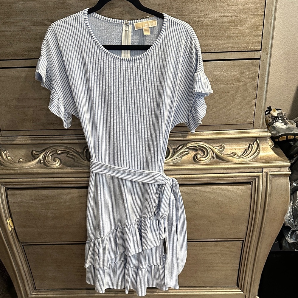 Michael Kors Blue Striped Ruffle Dress